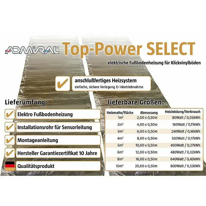 Admiral Fußbodenheizung Top-Power Select - L x B: 4 x 0,5 m, Beheizbare Fläche: 2 m², 160 W - ADMIRAL Top-Power SELECT elektrische Fußbodenheizmatte für Klickvinylböden.
