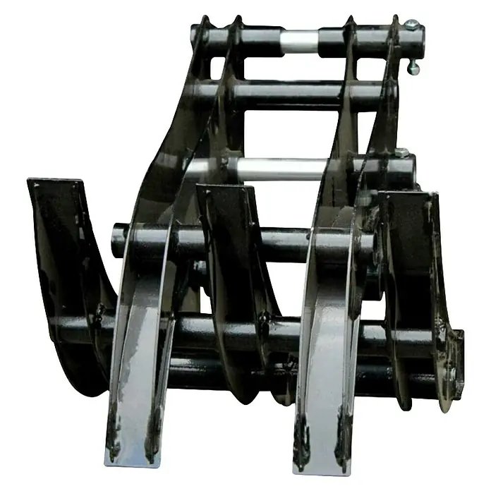 HZC Power Holzgreifer SH360 - Stahl, Passend für: HZC Power Minibagger - Schwarze Metallgreiferschaufel mit verchromten Zinken und silbernen Stangen, zum Bewegen von Buschwerk oder Schutt.