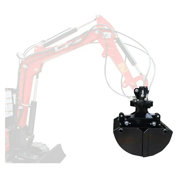 HZC Power Erdgreifer HE360 - Mit Hydraulik, Passend für: HZC Power Minibagger (wenige Ausnahmen, siehe Text) - Schwarzer hydraulischer Zweischalengreifer für Bagger, zum Graben und Materialhandling.
