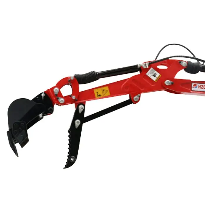 HZC Power Baggerdaumen BGD - Passend für: HZC Power Minibagger - Roter und schwarzer Industriegreifer mit Schaufel und Klaue, mit Hydraulikkomponenten.