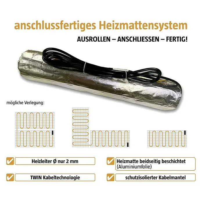 Admiral Fußbodenheizung Top-Power Select - L x B: 4 x 0,5 m, Beheizbare Fläche: 2 m², 160 W - Anschlussfertiges Heizmattensystem, gerollt, mit schwarzen Anschlusskabeln und Aluminiumfolienbeschichtung.