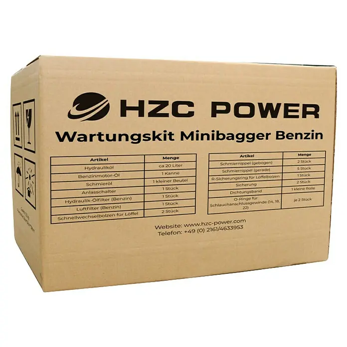 HZC Power Baustellenfahrzeug-Wartungs-Kit WKB - Passend für: HZC Power Minibagger mit Benzinmotor, 25 -tlg. - Ein HZC POWER Wartungskit für Benzin-Minibagger, verpackt in einem braunen Karton mit Inhaltsliste.