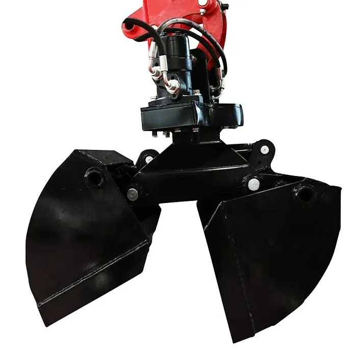 HZC Power Erdgreifer HE360 - Mit Hydraulik, Passend für: HZC Power Minibagger (wenige Ausnahmen, siehe Text) - Schwarzer hydraulischer Greifer aus Metall mit rotem Rotator für Bagger.