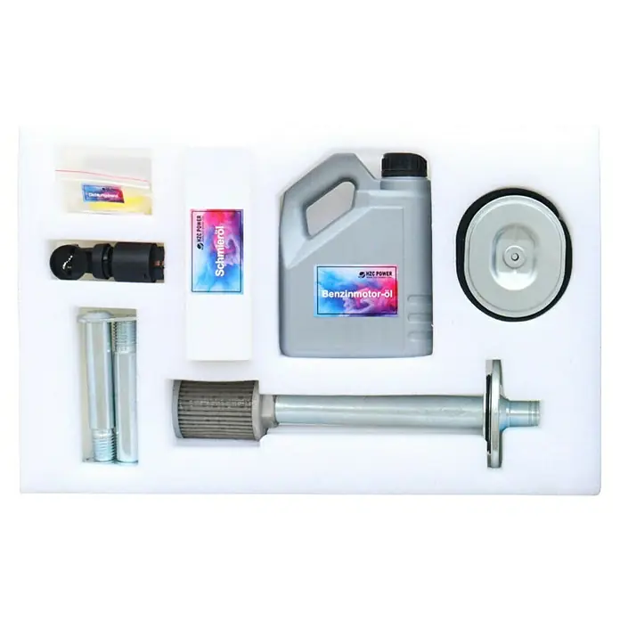 HZC Power Baustellenfahrzeug-Wartungs-Kit WKB - Passend für: HZC Power Minibagger mit Benzinmotor, 25 -tlg. - Motorwartungskit mit grauem Benzinmotorölbehälter, Schmieröl, runden und langen Metallfiltern sowie weiteren Kleinteilen.
