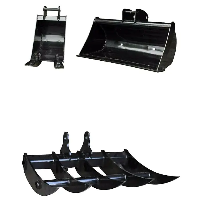 HZC Power Bagger-Schaufel-Set - Stahl, 3 -tlg., Passend für: HZC Power Minibagger - Schwarze Metall-Baggeranbaugeräte: zwei Löffel und ein Wurzelreißer.