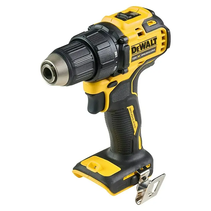 DeWalt XR 18V Akku-Bohrschrauber DCD708D2T-QW - 18 V, 2 Akkus, 2 Ah, 65 Nm - Ein gelb-schwarzer DeWalt 18V Brushless Akku-Bohrschrauber mit Metallfutter und Gürtelclip.