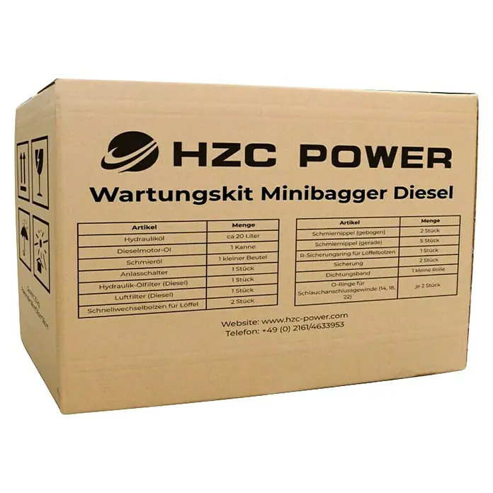 HZC Power Baustellenfahrzeug-Wartungs-Kit WKD - Passend für: HZC Power Minibagger mit Dieselmotor, 25 -tlg. - Brauner Karton für ein HZC POWER Minibagger Diesel Wartungskit, mit Inhaltsangaben auf der Vorderseite.