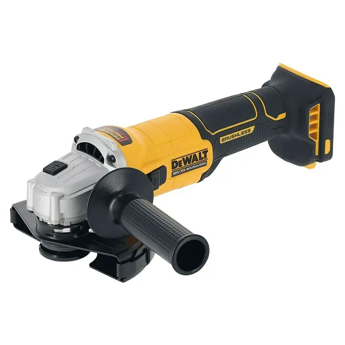 DeWalt Akku-Winkelschleifer DCG407M1T-QW - 18 V, 1 Akku, 9.000 U/min - Gelb-schwarzer DeWalt 18V XR bürstenloser Akku-Winkelschleifer mit silbernem Kopf und schwarzem Seitenhandgriff.