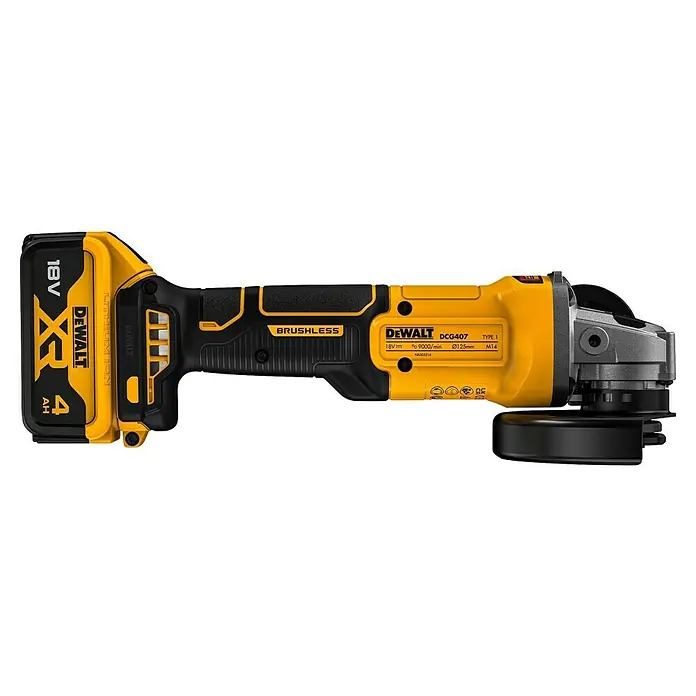 DeWalt Akku-Winkelschleifer DCG407M1T-QW - 18 V, 1 Akku, 9.000 U/min - Gelber und schwarzer DeWalt DCG407 18V XR bürstenloser Akku-Winkelschleifer mit 4Ah Lithium-Ionen-Akku.