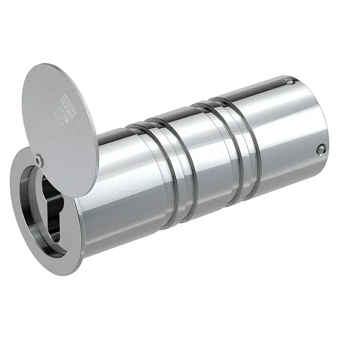 Basi Rohrtresor RT 103-S - Länge: 138 mm, Aluminium - Silberfarbener, polierter Türzylinder mit Schlüsselloch und Schwenkabdeckung.