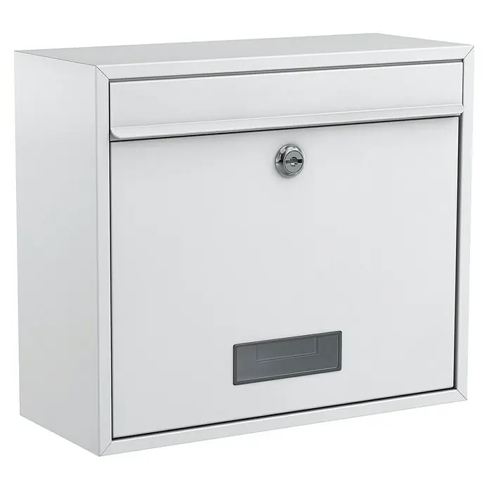 Basi Wandbriefkasten BK 900 - L x B x H: 15 x 36 x 31 cm, Weiß, Stahl, Namensschild - Weißer Metallbriefkasten mit Einwurfschlitz, Schloss und Namensschildfenster.