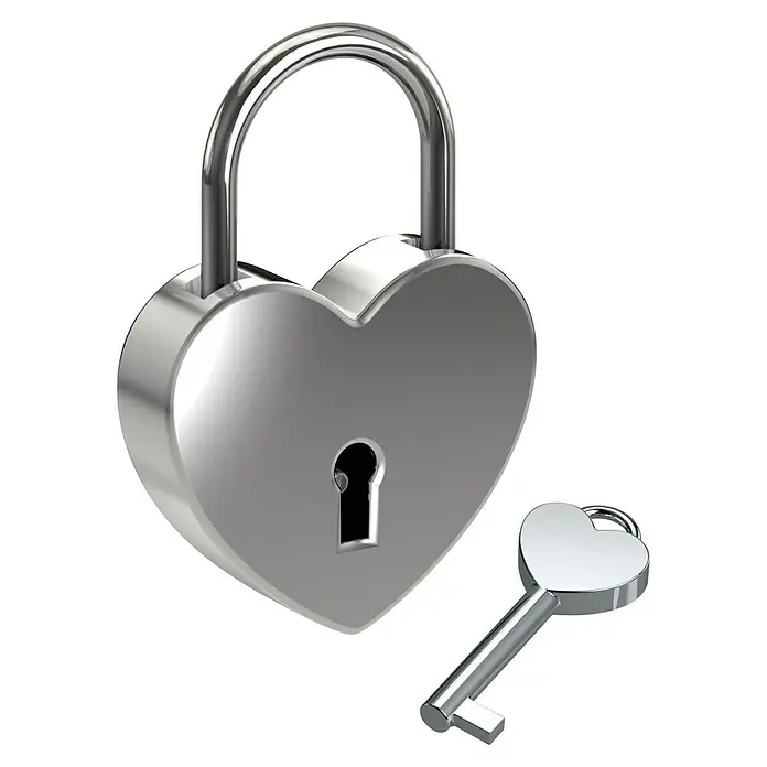 Basi Vorhängeschloss - L x B x H: 49 x 45 x 8 mm, Silber - Silbernes herzförmiges Vorhängeschloss mit passendem Herzschlüssel.
