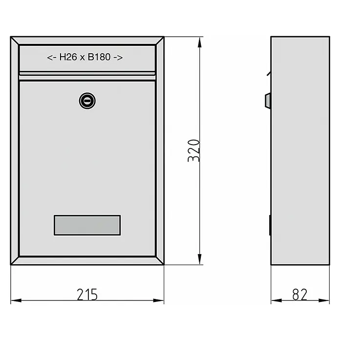 Basi Wandbriefkasten BK 100 - L x B x H: 8,2 x 21,5 x 32 cm, Silber, Stahl, Namensschild - Grau-rechteckiger Briefkasten mit Vorder- und Seitenansicht, Maße: H 320, B 215, T 82 mm, Einwurfschlitz H 26 x B 180 mm.