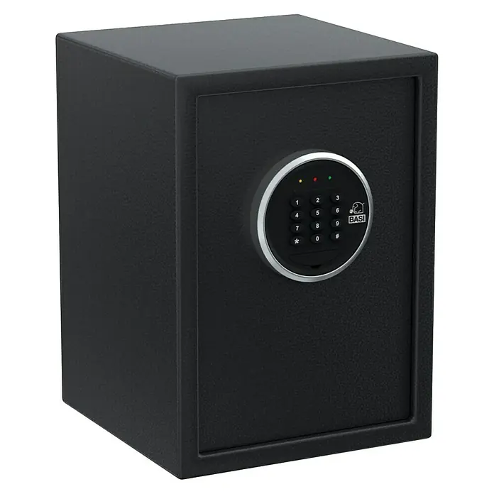 Basi Möbeltresor EMT 380 Code - L x B x H: 380 x 330 x 430 mm, Elektronisches Zahlenschloss, Schwarz - Schwarzer Safe mit strukturierter Oberfläche und einem runden elektronischen Tastenfeld mit Ziffern, Symbolen und Anzeigen.