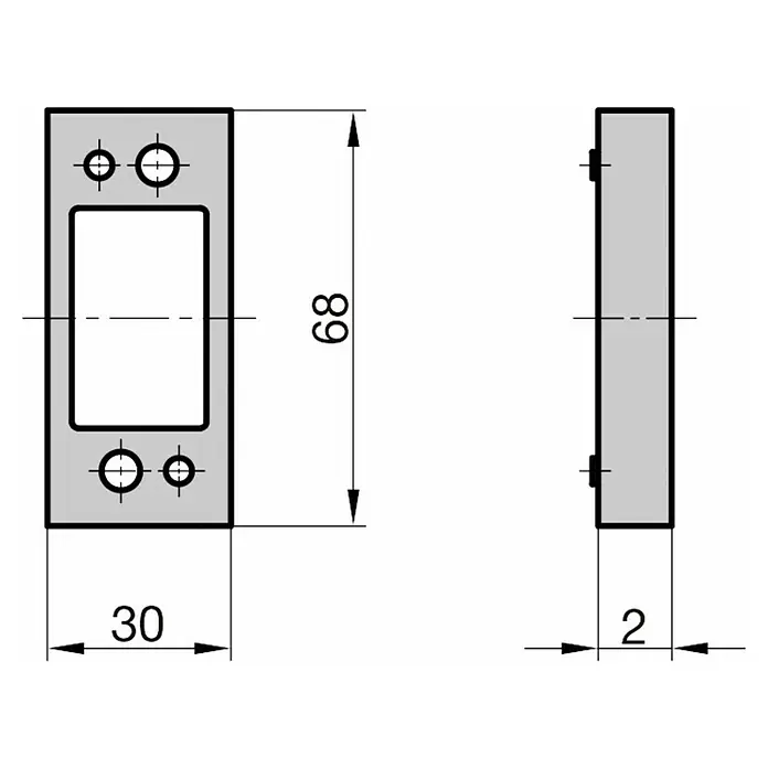 Basi Distanz-Abstandshalter - Passend für: BASI Panzer-Riegelschloss, L x B x S: 68 x 30 x 2 mm, Silber - Technische Zeichnung einer rechteckigen Montageplatte mit mittigem Rechteckausschnitt und vier Rundlöchern. Maße: 30x89x2 mm.