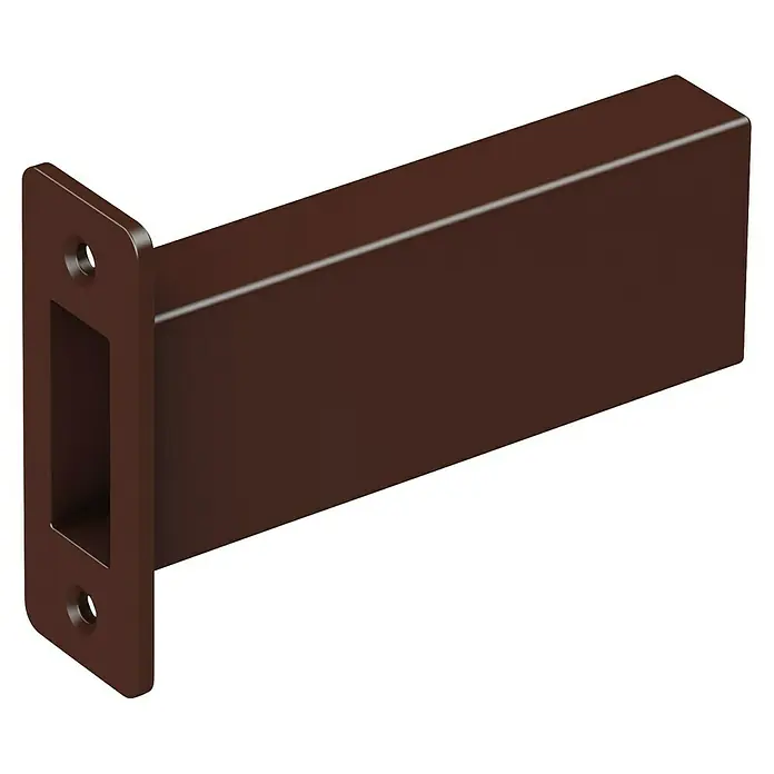 Basi Mauerabschluss - L x B x H: 150 x 60 x 40 mm - Dunkelbraunes Türschließblech aus Metall mit rechteckiger Öffnung und Schraubenlöchern.