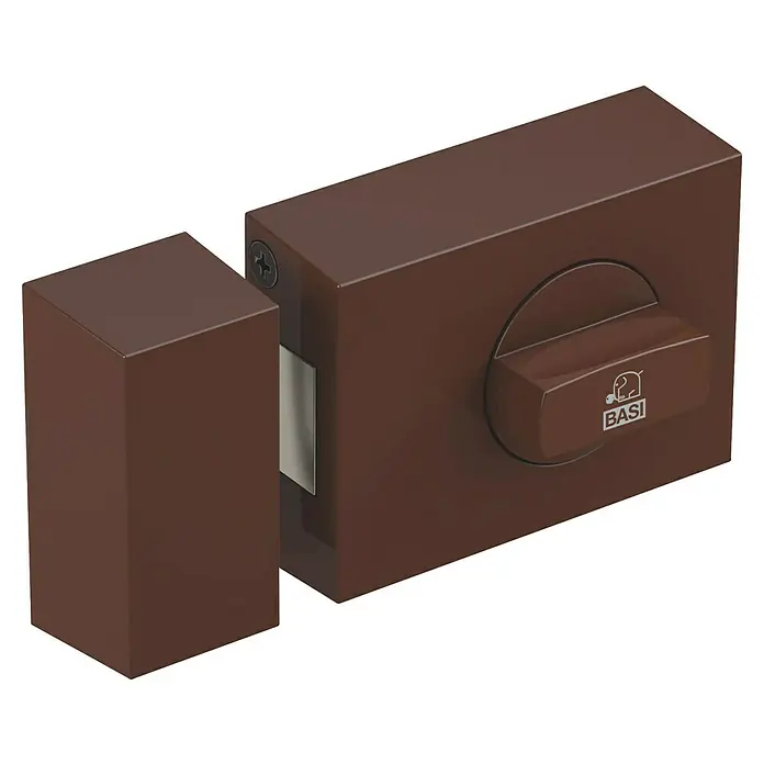 Basi Türzusatzschloss KS500 - Braun, DIN Anschlag: Universell einsetzbar, Dornmaß: 60 mm - Braunes Aufschraubschloss mit Drehknauf und sichtbarem Riegelmechanismus.