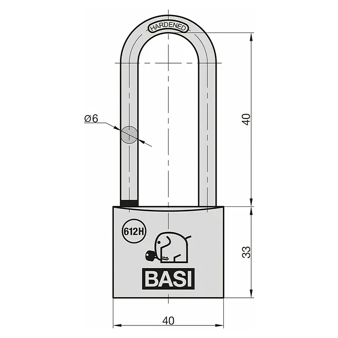 Basi Vorhängeschloss 612H - Breite: 40 mm, Bügelstärke: 6 mm, Material Bügel: Stahl - Technische Zeichnung eines grauen Metallvorhängeschlosses mit gehärtetem Bügel, Maße, BASI Logo und Modell 612H.