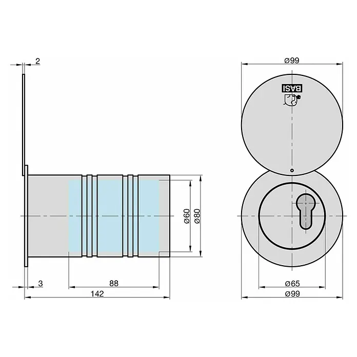 Basi Rohrtresor RT 103-S - Länge: 140 mm, Aluminium - Technische Zeichnung eines Metall-Türzylinders (Marke Basi) mit detaillierten Maßen, Seitenprofil und zwei Vorderansichten.