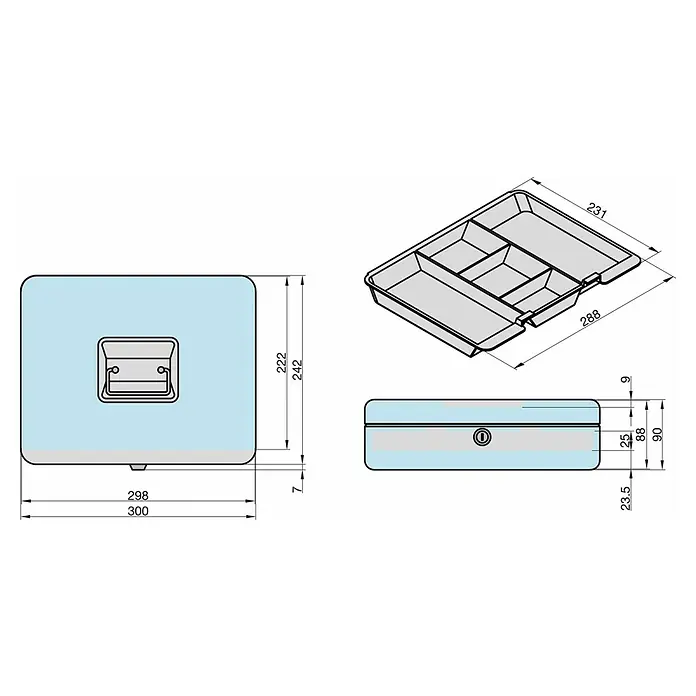 Basi Geldkassette GK10 - L x B x H: 30 x 24 x 9 cm, Blau - Hellblaue und graue Aufbewahrungsbox mit Griff und Fächern, dargestellt mit detaillierten Maßzeichnungen.