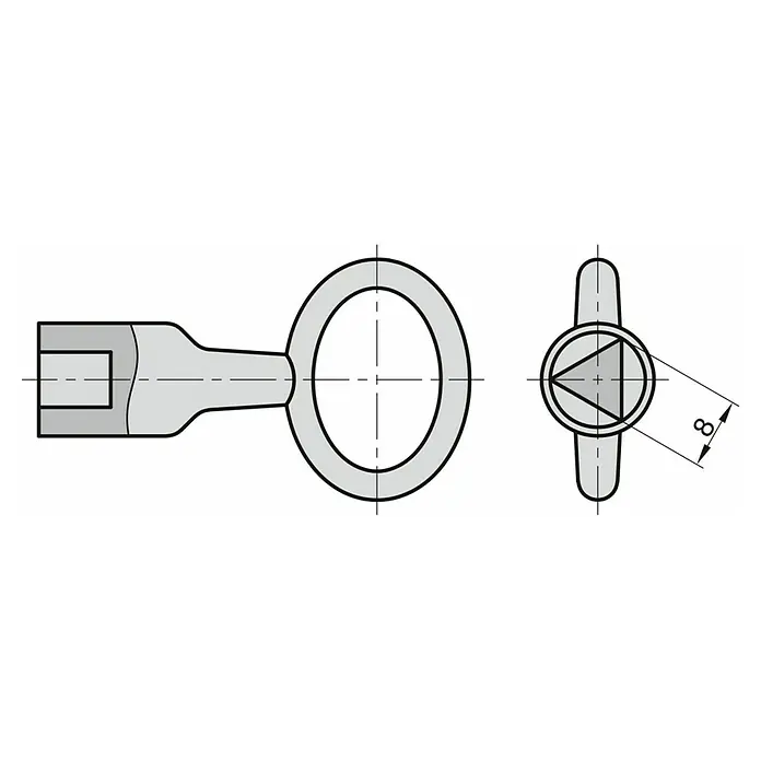 Basi Dreikantschlüssel 301D - Dornmaß: 8 mm - Graues Hebeauge aus Metall mit kreisförmigem Ring und einem Schaft mit quadratischer Öffnung. Eine dreieckige Aussparung ist an der Ringfläche dargestellt.