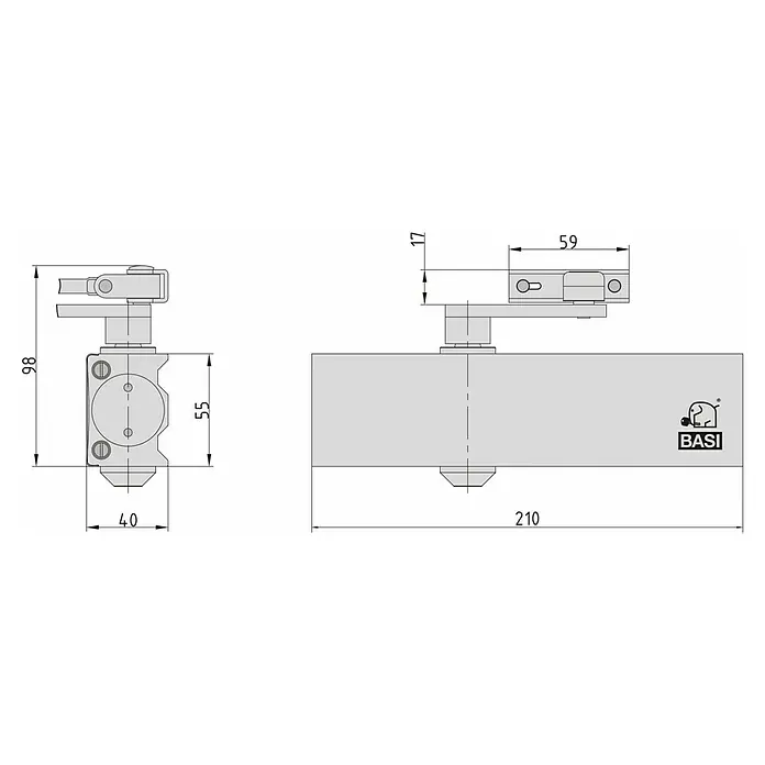 Basi Türschließer TS 200 - L x B x H: 210 x 40 x 50 mm, Silber - Technische Zeichnung eines grauen Metall-Obentürschließers mit Abmessungen.