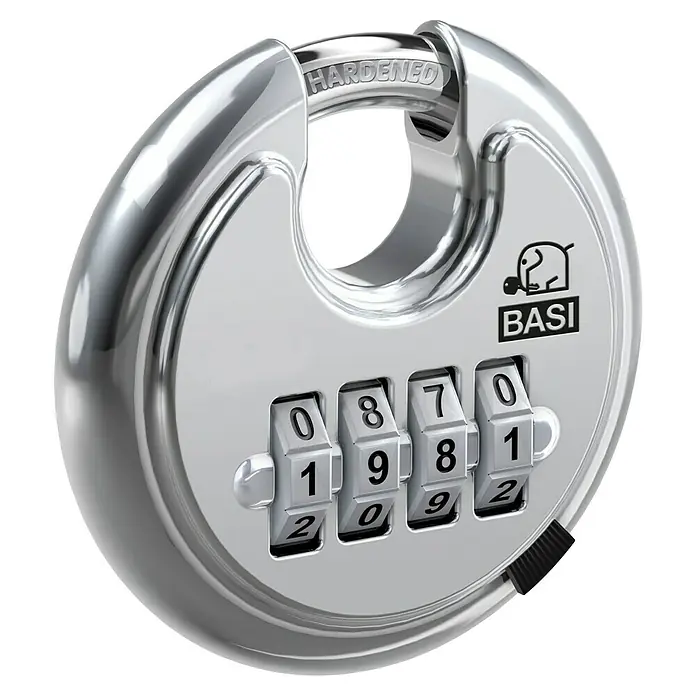 Basi Diskusschloss RVS 610Z - B x H: 70 x 70 mm, Bügelstärke: 9,5 mm, Material Bügel: Gehärteter Spezialstahl - Silbernes Scheiben-Zahlenschloss mit gehärtetem Bügel und vier Zahlenrädern.