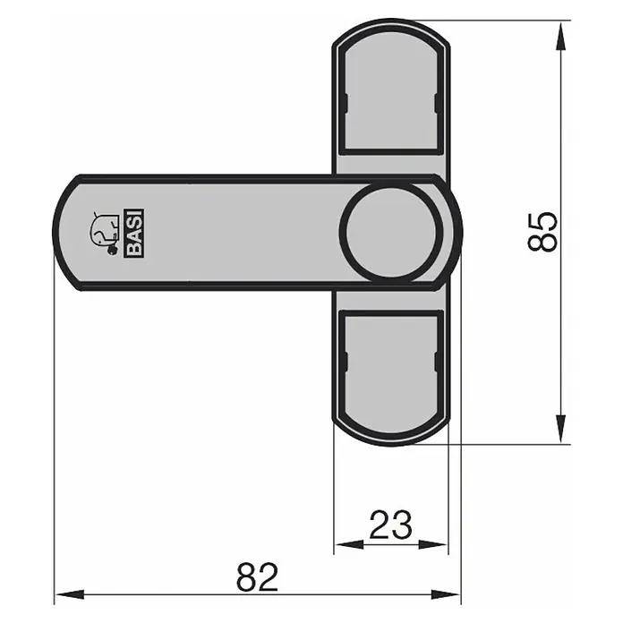 Basi Fenstersicherung FS 500 - Einflügelig, Braun - Grauer Drehknauf mit BASI-Logo und technischen Abmessungen.