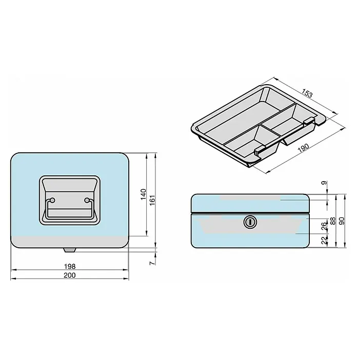 Basi Geldkassette GK10 - L x B x H: 20 x 16 x 9 cm, Blau - Blaue und graue Aufbewahrungsbox mit Griff, Schlüsselloch und herausnehmbarem Facheinsatz.