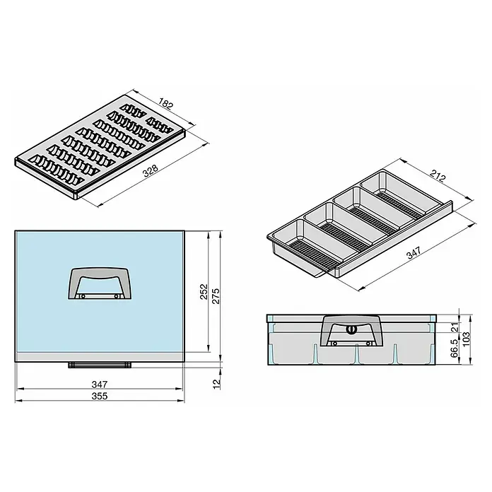 Basi Geldkassette EGK 150 - L x B x H: 35 x 27,5 x 10,5 cm, Grau - Detaillierte Zeichnungen eines grauen Besteckkastens aus Kunststoff mit Fächern und einer passenden hellblauen Aufbewahrungsbox, mit allen Maßen.