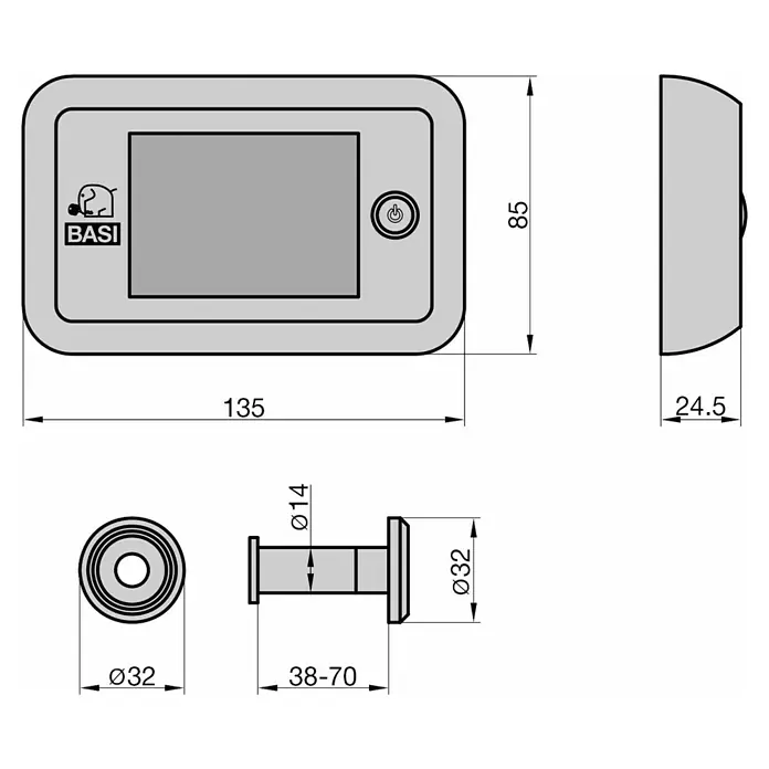 Basi Digitaler Türspion TS 700 - Einbaumaß: Ø 14 - 22 mm, Bildschirmdiagonale in Zoll: 3,5 ", TFT-Bildschirm, Silber, Stärke Tür: 38 mm - 70 mm - Hellgrauer digitaler Türspion mit Display und separater Kamera, mit Maßen dargestellt.