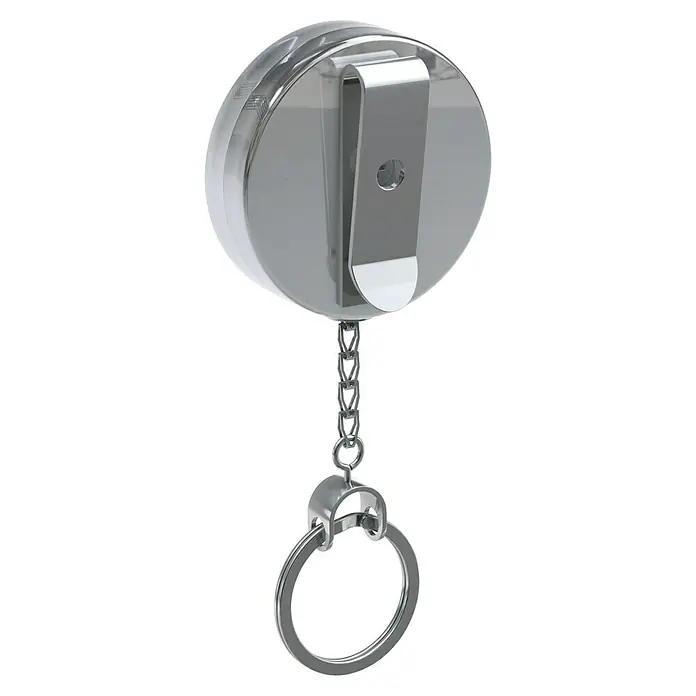 Basi Schlüsselanhänger - Länge: 60 cm, Durchmesser: 52 mm, Silber - Silberner ausziehbarer Schlüsselanhänger mit Gürtelclip, Kette und Schlüsselring.