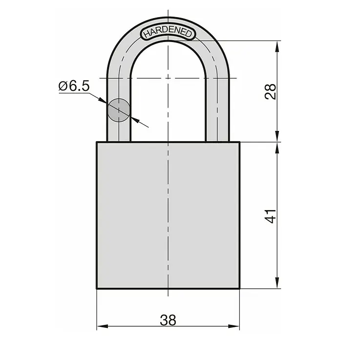 Basi Vorhängeschloss VHS 619 - Blau, Aluminium, Bügelstärke: 6,5 mm - Technische Zeichnung eines grauen Vorhängeschlosses mit gehärtetem Bügel, Maße: Bügel Ø6.5x28mm, Gehäuse 38x41mm.