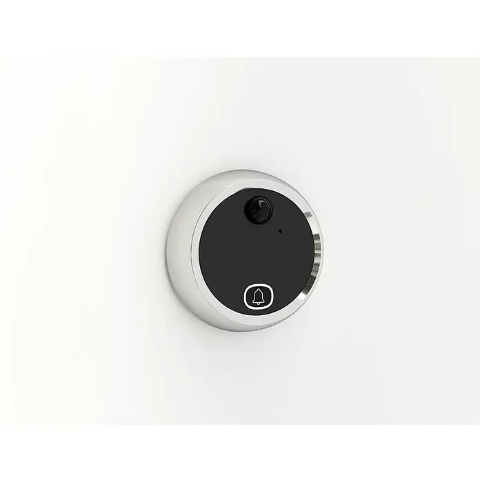 Basi Digitaler Türspion TS 800 - Einbaudurchmesser: 14 mm, Bildschirmdiagonale in Zoll: 2,8 ", TFT-Bildschirm, Stärke Tür: 35 mm - 120 mm - Kreisförmige silber-schwarze Video-Türklingel mit Kameraobjektiv und Klingeltaste.