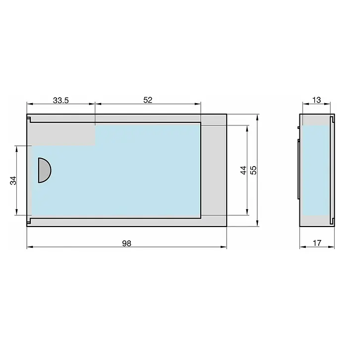 Basi Schlüsselbox SBO 210 - L x B x H: 98 x 55 x 17 mm, Schwarz - Bemaßte technische Zeichnung eines grauen rechteckigen Gehäuses mit durchscheinendem blauem Fenster und D-förmigem Ausschnitt.