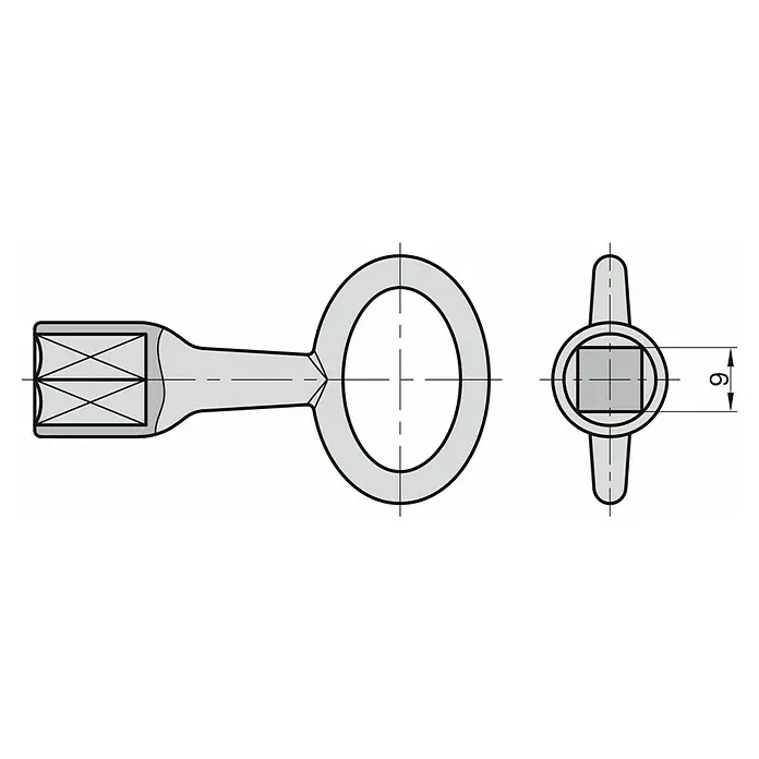 Basi Vierkantschlüssel 301V - Dornmaß: 9 mm - Technische Zeichnung eines Ringkabelschuhs mit quadratischem Crimpanschluss (6mm Seitenlänge). Vorder-, Seiten- und Draufsicht sind dargestellt.