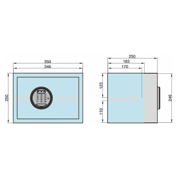 Basi Möbeltresor EMT 250 Code - L x B x H: 250 x 350 x 250 mm, Elektronisches Zahlenschloss, Schwarz - Hellblauer Tresor mit digitalem Tastenfeld, Vorder- und Seitenansicht mit Maßen.