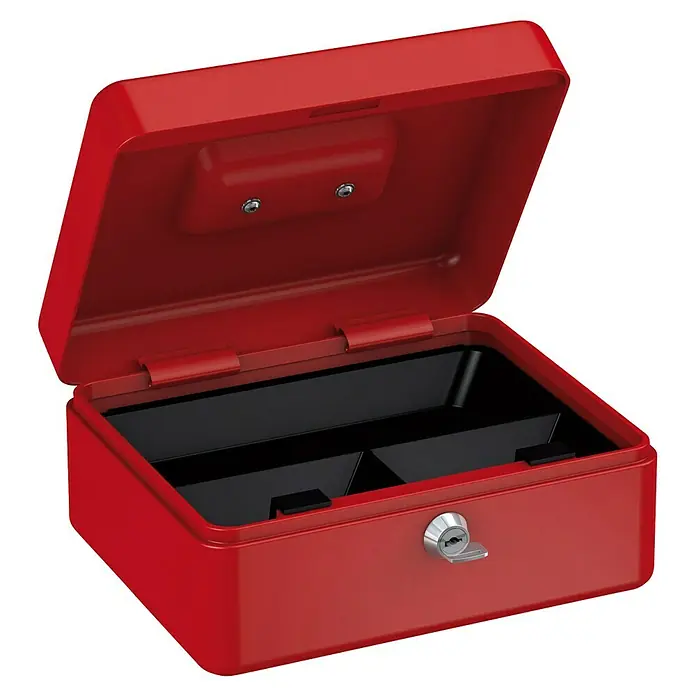Basi Geldkassette GK10 - L x B x H: 20 x 16 x 9 cm, Rot - Offene rote Metall-Geldkassette mit Schlüssel im Schloss, die eine schwarze Innenschale mit Fächern zeigt.