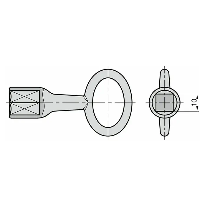 Basi Vierkantschlüssel 301V - Dornmaß: 10 mm - Technische Zeichnung eines Ringkabelschuhs mit quadratischem Crimpbereich, inklusive einer Maßangabe von 10 Einheiten.