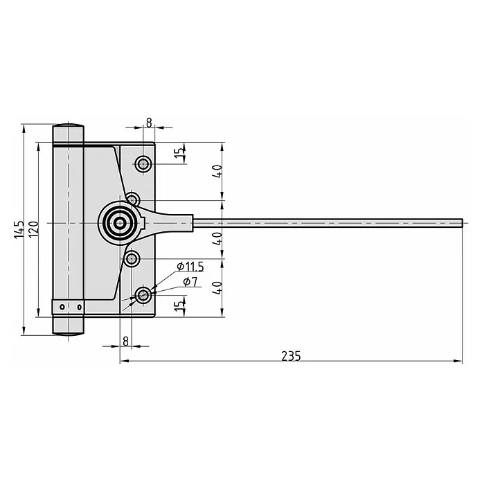 Basi Türschließer FT 903 - Passend für: Schwere Türen, Silber - Technische Zeichnung eines grauen Metall-Fensterfeststellers oder Türbegrenzers mit langem Arm und Befestigungspunkten.