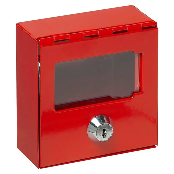 Basi Notschlüsselkasten NK 215 - L x B x H: 100 x 100 x 40 mm, Ohne Glasbrecher - Roter Metall-Schlüsselkasten mit transparentem Fenster und Zylinderschloss.