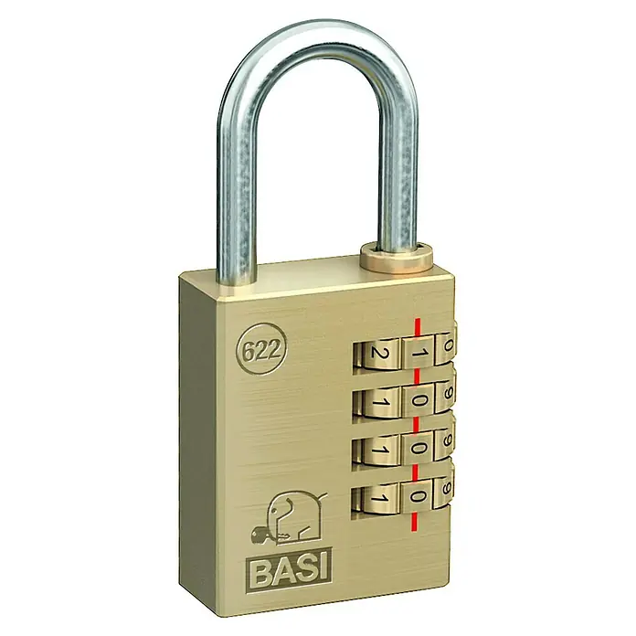 Basi Zahlenschloss VHS 622 - L x B: 50 x 38 mm, Bügelstärke: 6 mm, Messing - Goldfarbenes Zahlenschloss mit silbernem Bügel und vier Zahlenrädern, die '2111' anzeigen.