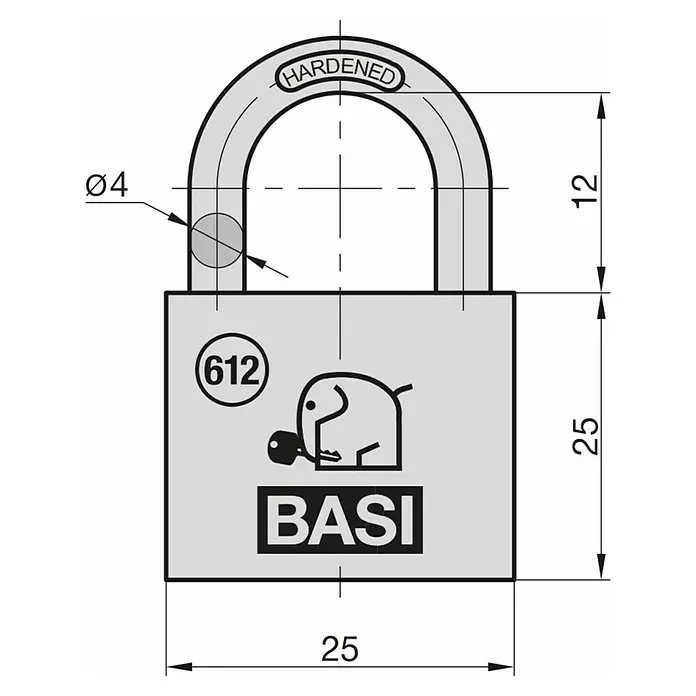 Basi Vorhängeschloss VHS 612 - Breite: 25 mm, Bügelstärke: 4 mm, Material Bügel: Stahl - Technische Zeichnung eines grauen Vorhängeschlosses mit gehärtetem Bügel, Marke B.A.S.I., Elefantenlogo und Maßen.