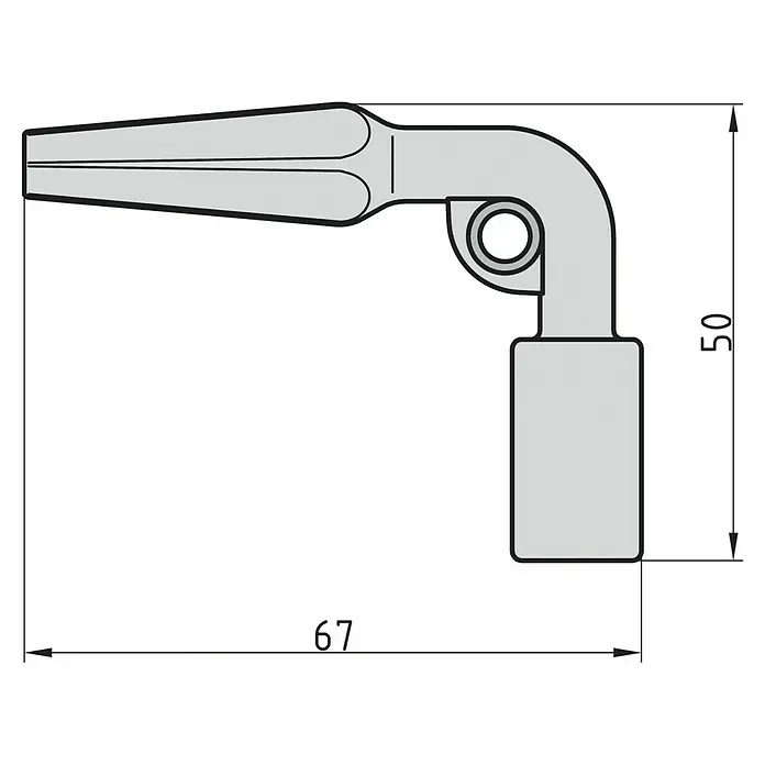 Basi Vierkantschlüssel 310 A - Passend für: Neubauten - Graues L-förmiges Verbindungsstück, ein Ende konisch und gespalten, mit seitlicher Kreisöffnung. Maße 67x50.