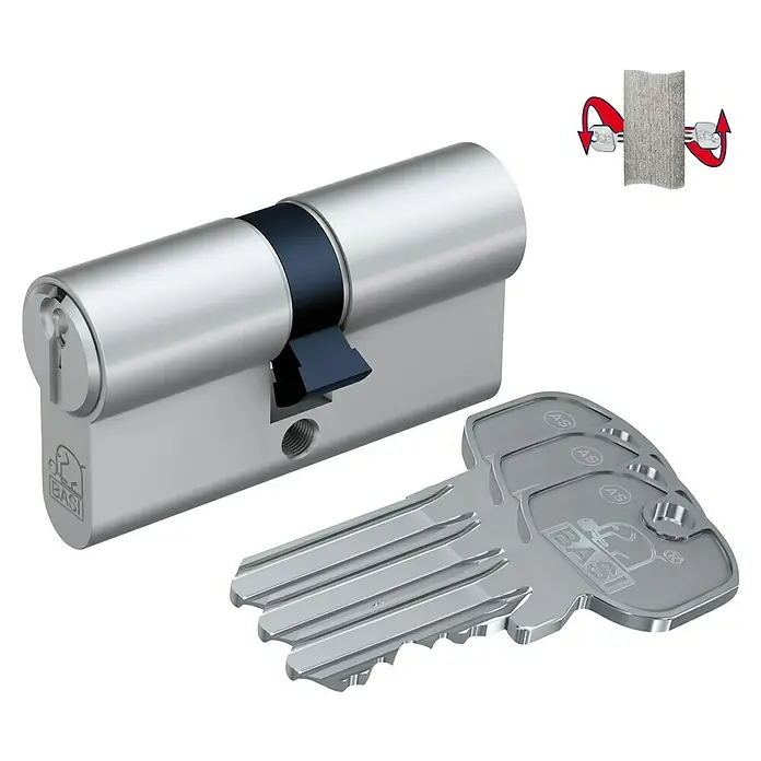 Basi Profilzylinder AS mit N+G - Baulänge innen: 45 mm, Baulänge außen: 70 mm, Material Zylinder: Messing, Profilschlüssel, Mit Not- & Gefahrenfunktion - Silberner Türzylinder mit blauen Akzenten und passendem Schlüssel. Inkl. Einbau-Diagramm.
