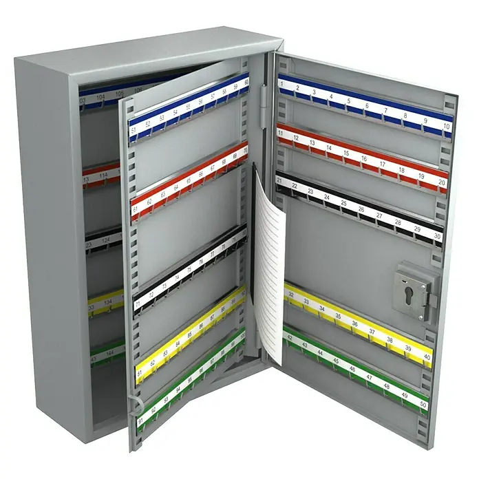 Basi Schlüsselkasten SS100 - L x B x H: 550 x 380 x 140 mm, Anzahl Haken: 150 Stk. - Offener grauer Metallschlüsselkasten mit mehreren Reihen nummerierter Haken auf farbigen Leisten und einer klappbaren Innenwand.