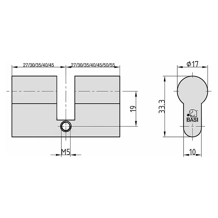 Basi Blindzylinder BZ - Baulänge innen: 35 mm, Baulänge außen: 35 mm, Material Zylinder: Messing - Technische Zeichnung eines Profilzylinders für Türschlösser mit Maßen und verschiedenen Größen.