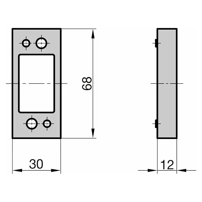 Basi Distanz-Abstandshalter - Passend für: BASI Panzer-Riegelschloss, L x B x S: 68 x 30 x 12 mm, Braun - Technische Zeichnung einer rechteckigen Halterung mit zentraler Öffnung und vier Löchern, inklusive Maße.