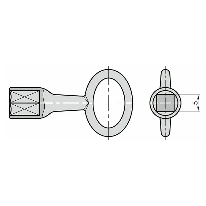 Basi Vierkantschlüssel 301V - Dornmaß: 5 mm - Ringkabelschuh mit Crimpanschluss und 5 mm Vierkant-Befestigungsloch.