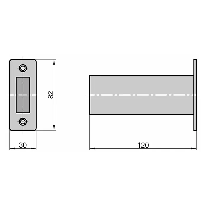 Basi Mauerabschluss - L x B x H: 150 x 60 x 40 mm - Technische Zeichnung eines rechteckigen Einlassgriffs. Frontplatte 30x82mm, Gesamttiefe 120mm.